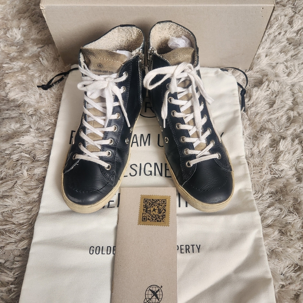 Golden Goose Black and White High-Top Francy Sneakers - Picture 7 of 11
